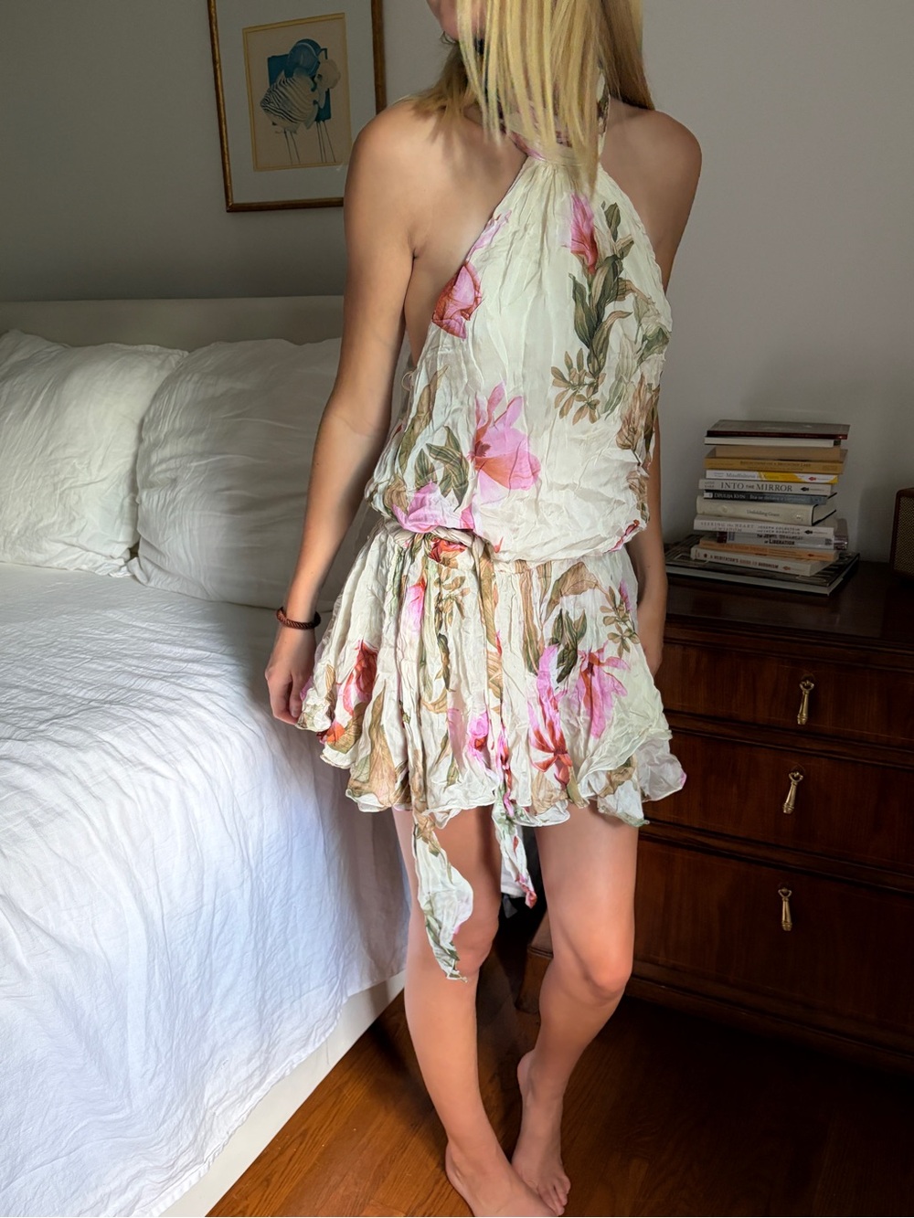 HEMANT & NANDITA Cream Halter Mini Dress with Pink Floral Print - Picture 5 of 6
